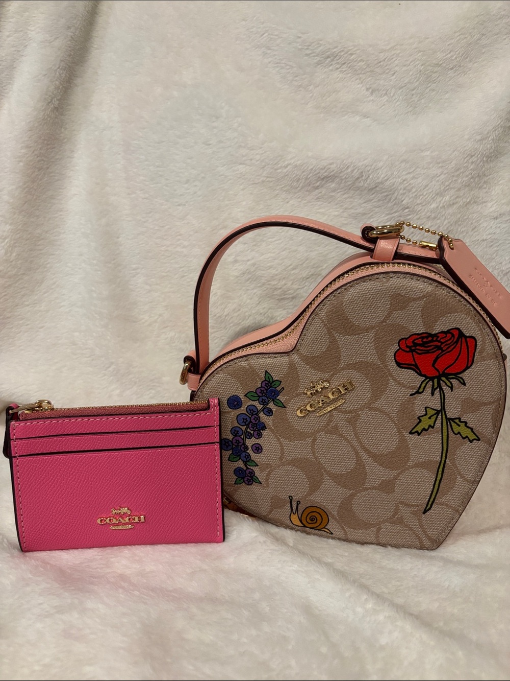 Coach X Observed By Us Pink Heart Crossbody Bag & Pink Card Case Bundle